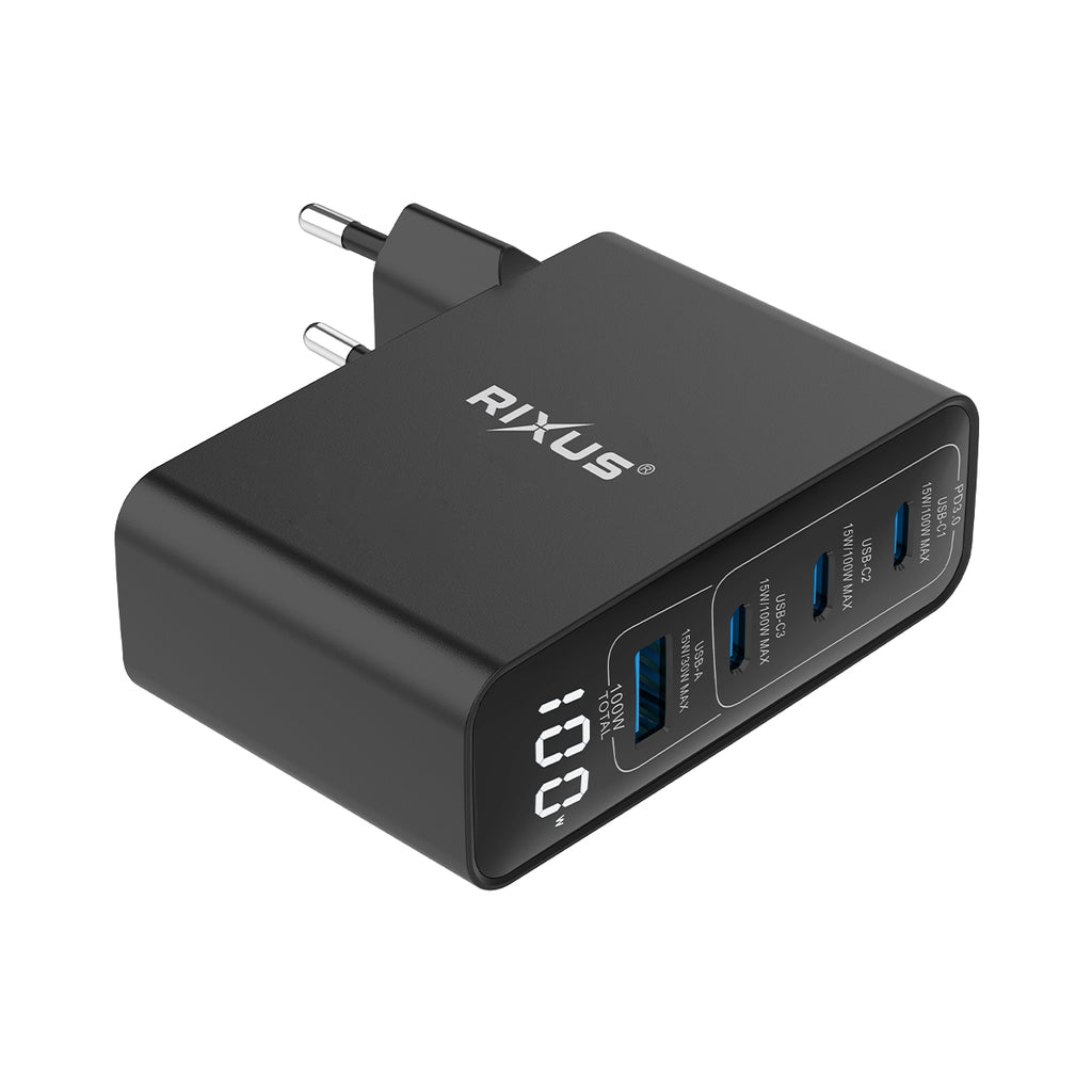 Rixus RX100 GaN Power Adapter With Digital Display 100W Black